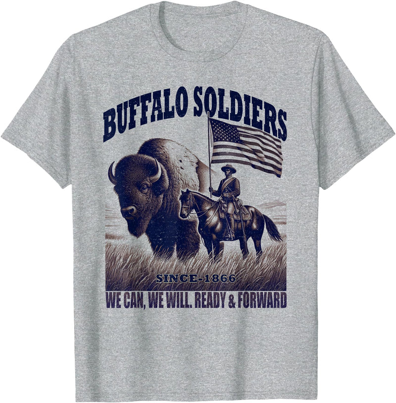 Buffalo Soldiers Vintage Military Graphic Tees Buffalo Soldiers, African American Black History Military T-Shirt - Heather
