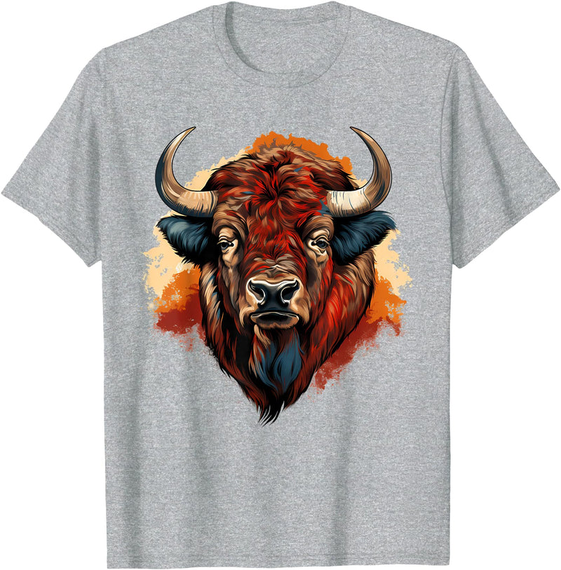 Safari Animal Art Buffalo Portrait Bison Drawing Splash Artwork Animal Print T-Shirt - Heather Grey