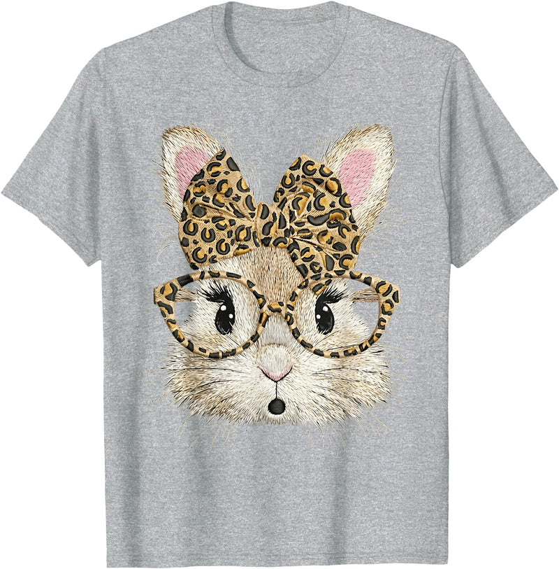Funny Bunny Face Glasses Bandana Leopard Rabbit Happy Easter T-Shirt in Heather Grey