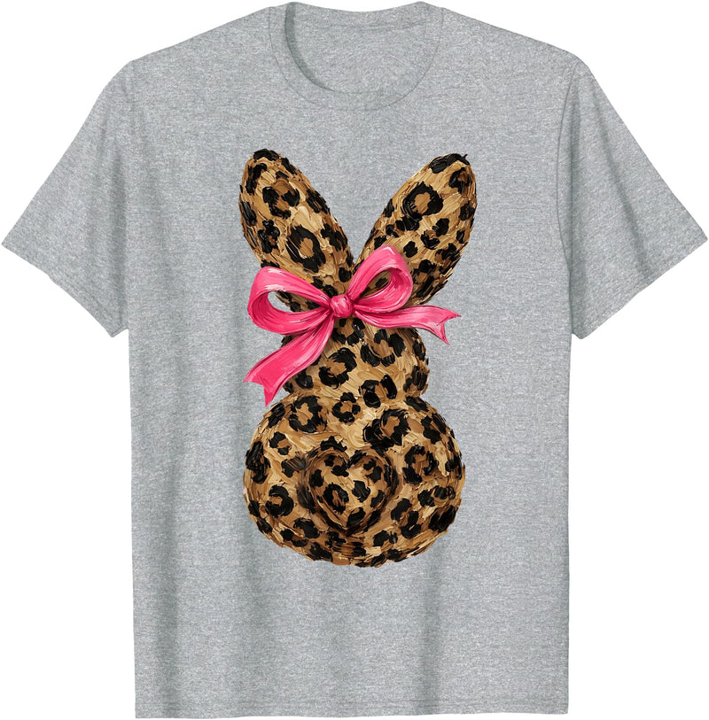 Funny Bunny Coquette Bow Rabbit Leopard Easter T-Shirt in Heather Grey