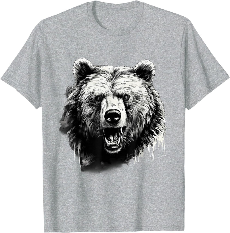 Forest Animal Art Bear Animal Art Portrait Wildlife Nature Artwork Drawing T-Shirt - Heather Grey