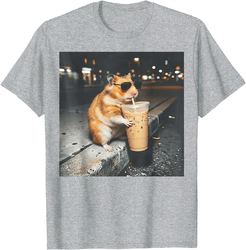Hamster Drinking Iced Coffee Funny Animal Meme Men Women T-Shirt - Heather Grey