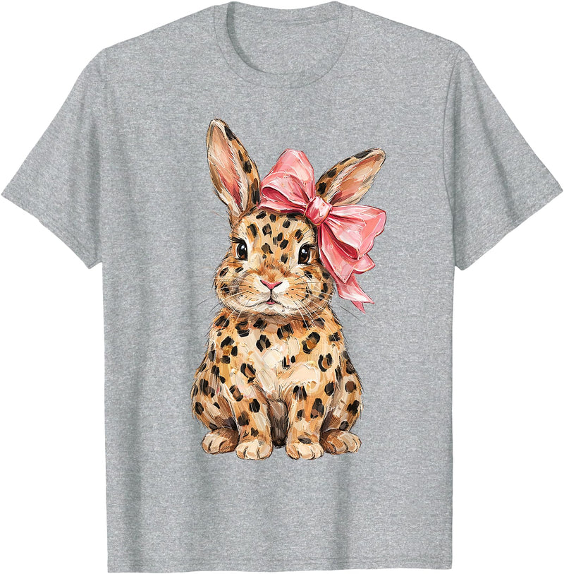 Cute Bunny Leopard Coquette Bow Rabbit Easter Women Girls T-Shirt in Heather Grey