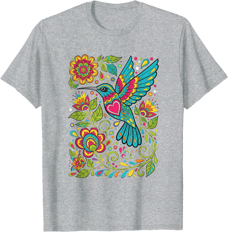 FolkFlight Design Co Bird Hummingbird Floral Folk-Art Colorful T-Shirt - Heather Grey