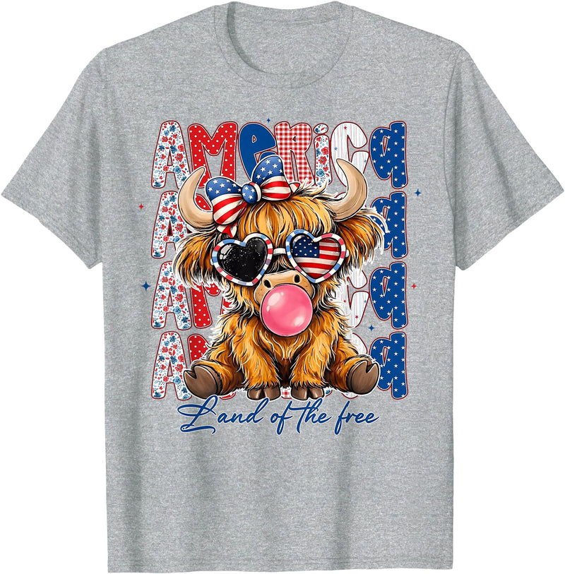 Cute Cow Creations Highland Cow 4th of July, Patriotic Cowgirl Bow Design T-Shirt - Heather Grey