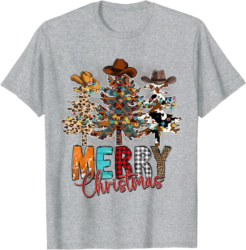 Cowboy Merry Christmas Tree Western Xmas Gifts Merry Christmas Trees Western Cowboy Buffalo Plaid Leopard T-Shirt - Heather