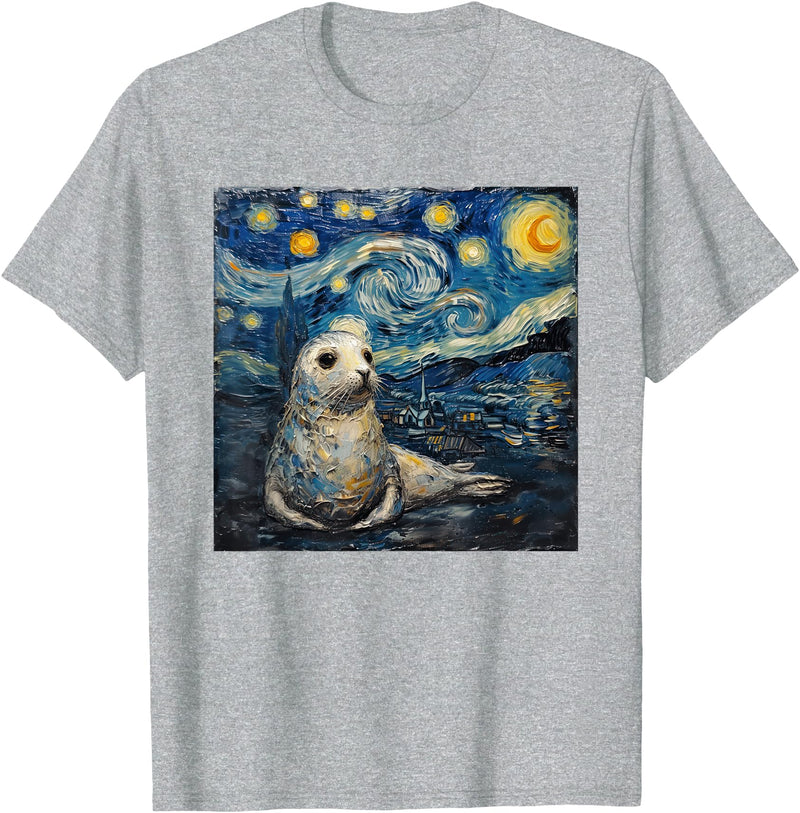 Seal Sea Lion Lover Co Seal Sea Lion Van Gogh Style Starry Night T-Shirt - Heather Grey