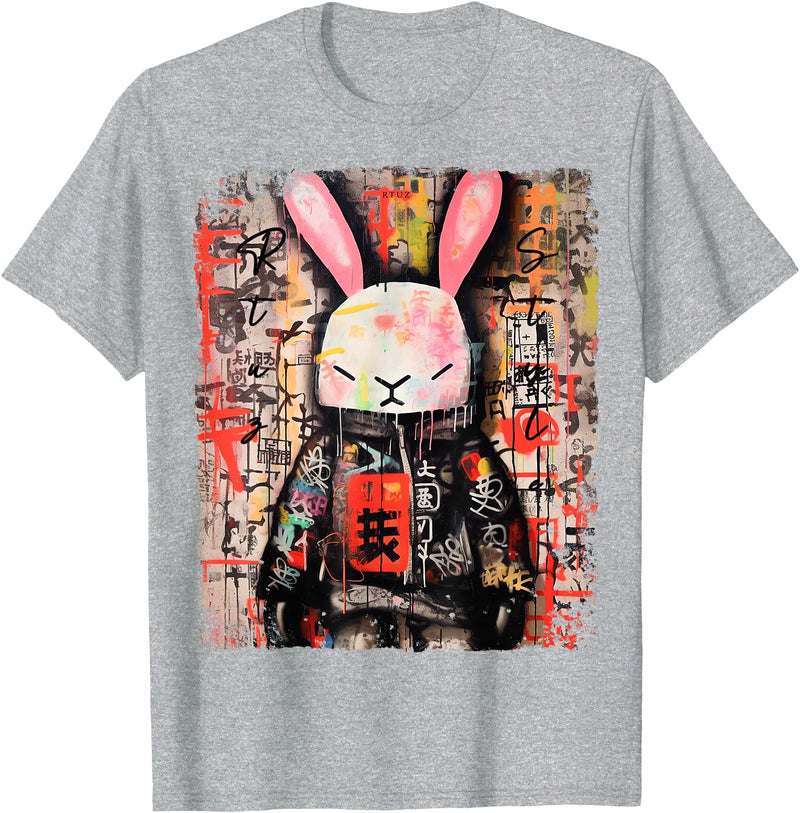 Hip Hop Y2K Rabbit Hipster Edgy Streetwear Bunny Samurai T-Shirt in Heather Grey