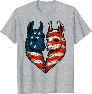 Fourth of July Clothing Co. Patriotic Llamas Heart American Flag 4th of July Graphic T-Shirt - Heather Grey