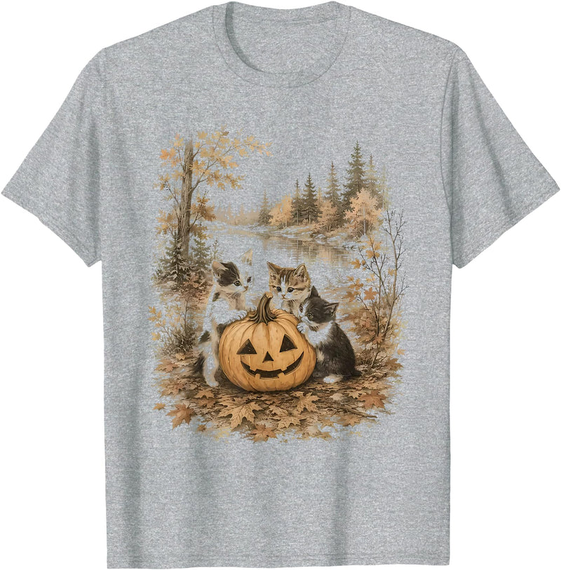 Vintage 90s Cats And Pumpkin Halloween Women Men Funny Retro 90s Kitten Black Cats and Pumpkin Halloween T-Shirt - Heather