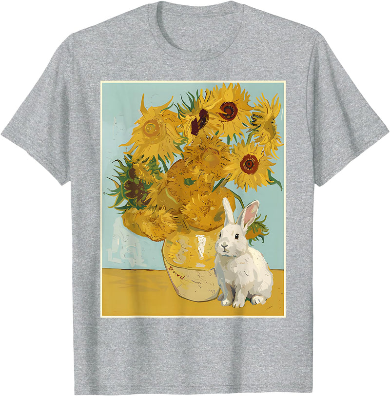 Sunflower Vase White Rabbit Fine Art Cute Bunny Lover T-Shirt in Heather Grey