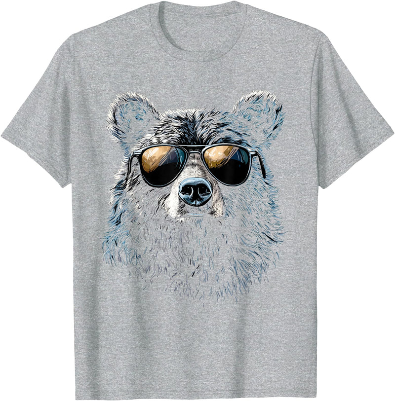 Forest Illustration Bear Art Nature Bear Wearing Sunglasses Wildlife Artwork Graphic Bear T-Shirt - Heather Grey