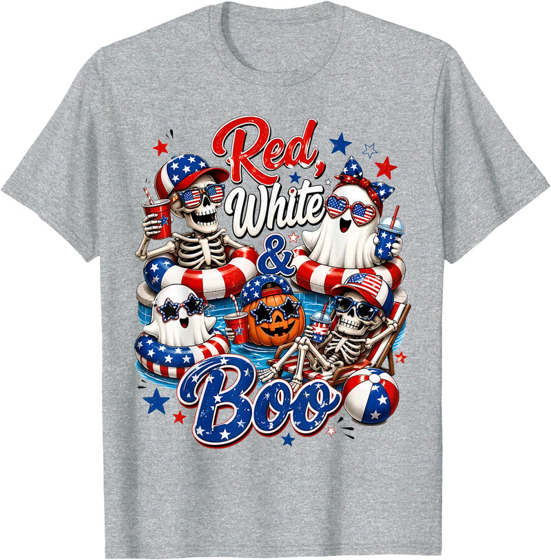 Haunted 4th of July Patriotic Crew Summer Vacation Red White and Boo Ghost Skeleton Pumpkin Floating Summerween T-Shirt -