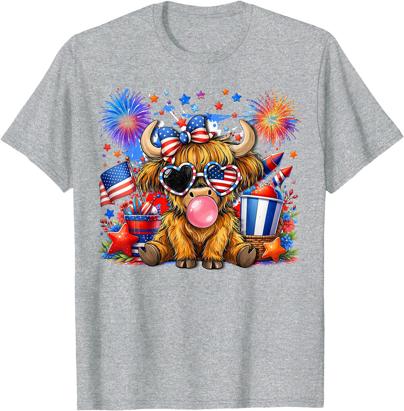 July 4th Highland Cow Farm Lovers America Tees 4th of July Highland Cow Patriotic Cow Farmer Men Women Kids T-Shirt -