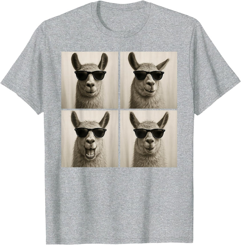 Retro Llama Portrait with Sunglasses Funny Llama Lover Cute Llama Photo Booth T-Shirt - Heather Grey