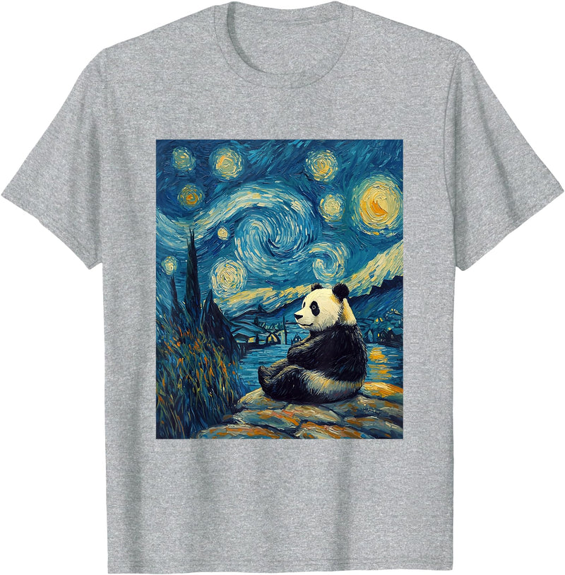 Bear Designs. Cute Panda Bear Van Gogh Style Starry Night Graphic T-Shirt - Heather Grey
