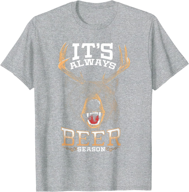 Hunted Apparel It's Always Beer Season Bear Deer Beer Funny Hunter Hunting T-Shirt - Heather Grey