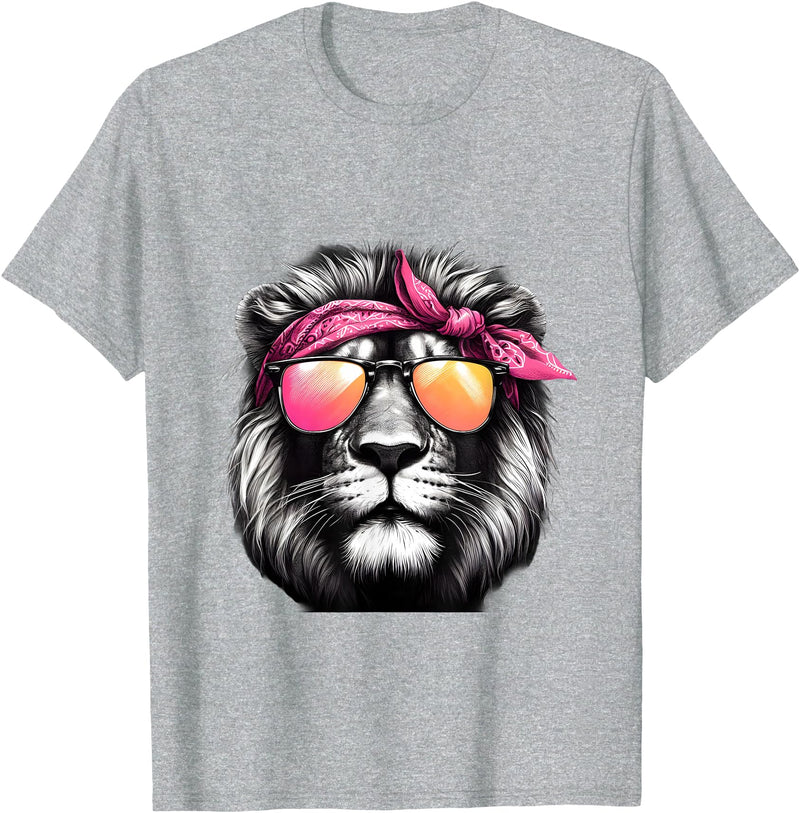 Fashionable Animals Wearing Pink Bandanas Lion Wearing a Pink Bandana Headband and Sunglasses T-Shirt - Heather Grey