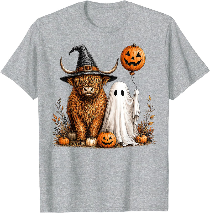 Fall Highland Cow Ghost Autumn Pumpkin Halloween Halloween Highland Cow, Spooky Highlander Cow Fall T-Shirt - Heather Grey