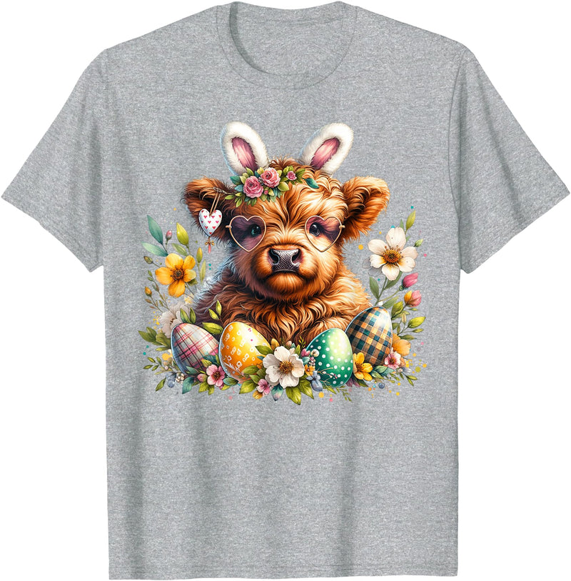 Highland Cow Land of NYC Highland Cow Easter Bunny Moo Basket Egg Floral Women Girls T-Shirt - Heather Grey
