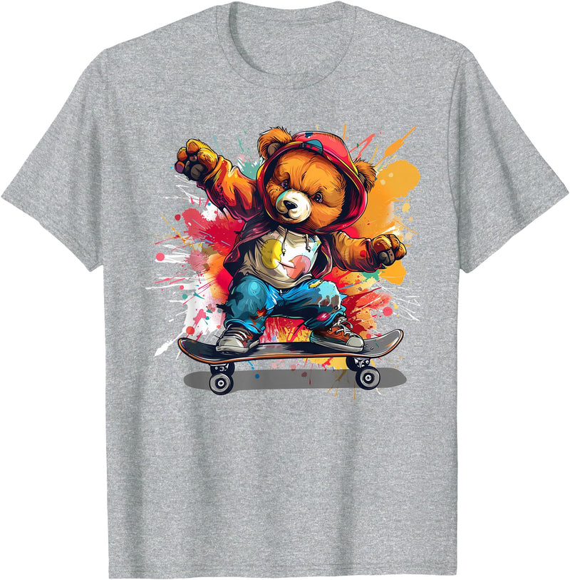 Cool Teddy with skateboard Colourful Splash with Skateboard Teddy Bear Outfit T-Shirt - Heather Grey