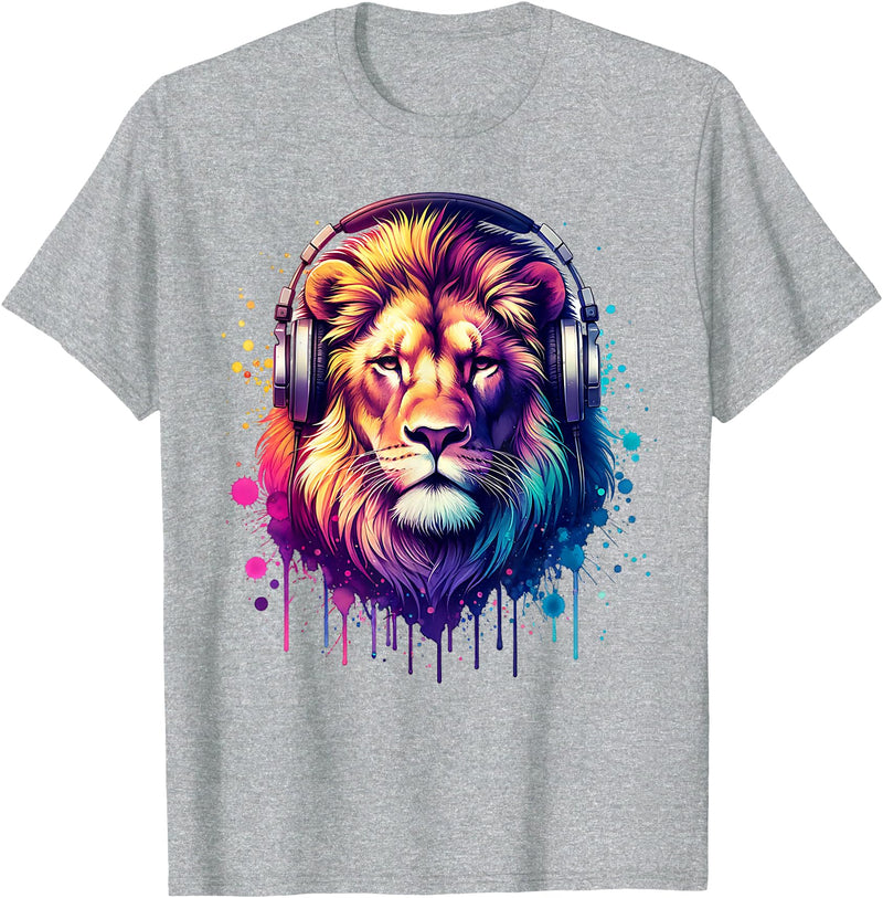 Funny Animal With Headphones Lion With Headphones T-Shirt - Heather Grey