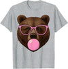 Bear Face Wearing Glasses Apparel For Women ladies Cute Bear Face Eating Gum and Makes Bubble Funny Bears Women T-Shirt - Heather Grey