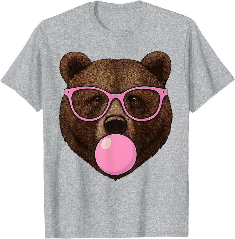 Bear Face Wearing Glasses Apparel For Women ladies Cute Bear Face Eating Gum and Makes Bubble Funny Bears Women T-Shirt - Heather Grey