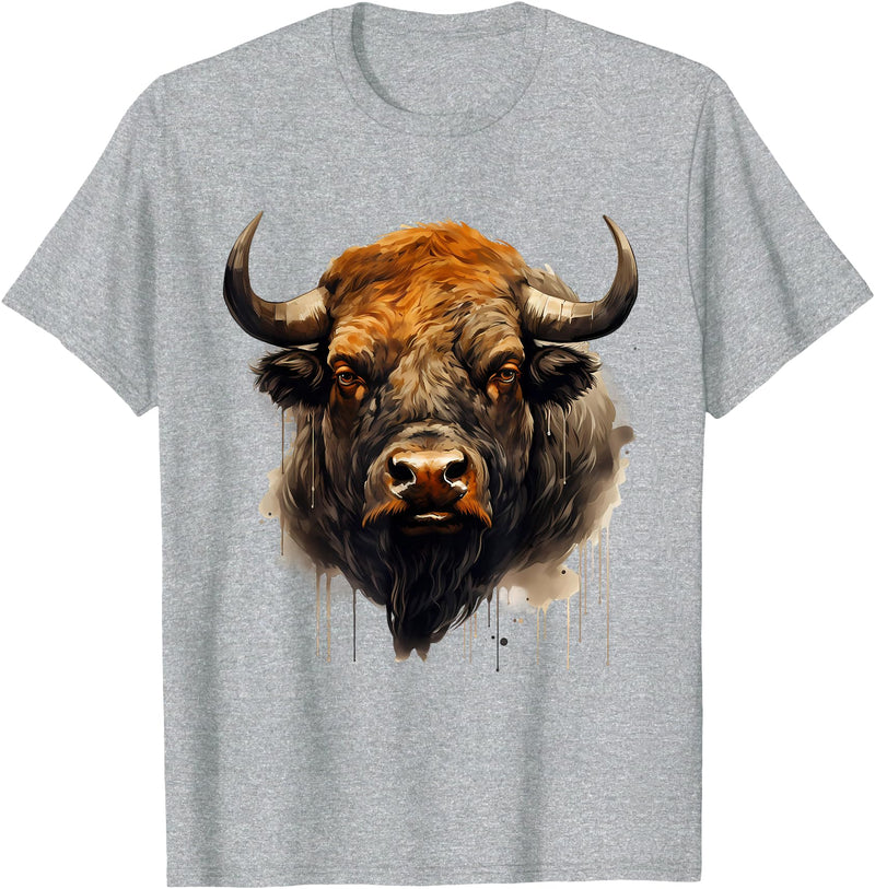 Safari Animal Art Buffalo Animal Print Portrait Bison Nature Artwork T-Shirt - Heather Grey