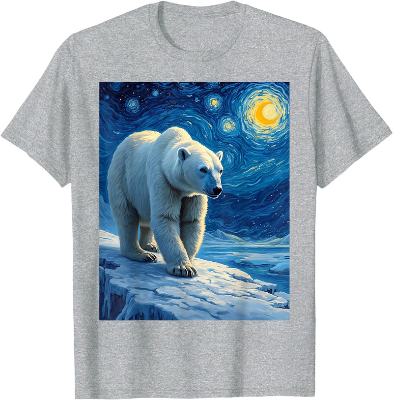 Polar Bear Van Gogh's Starry Night Wildlife Art Van Gogh's Starry Night Polar Bear Ice Bear Animal Lovers T-Shirt - Heather Grey