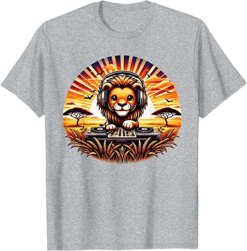 Funny Lion Graphic Apparel Co. Funny Lion Dj Headphones Animal Graphic for Men Boys Kids T-Shirt - Heather Grey
