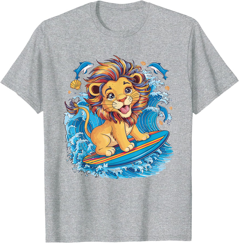 Cute Lion surfing gifts Cute Surfing Lion Riding the Waves T-Shirt - Heather Grey