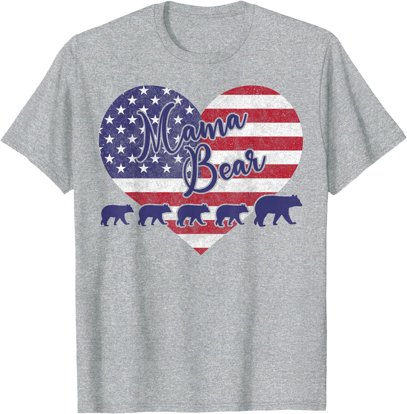 Mama Bear 4th of July Shirt 4 Cubs USA Flag Heart T-Shirt - Heather Grey
