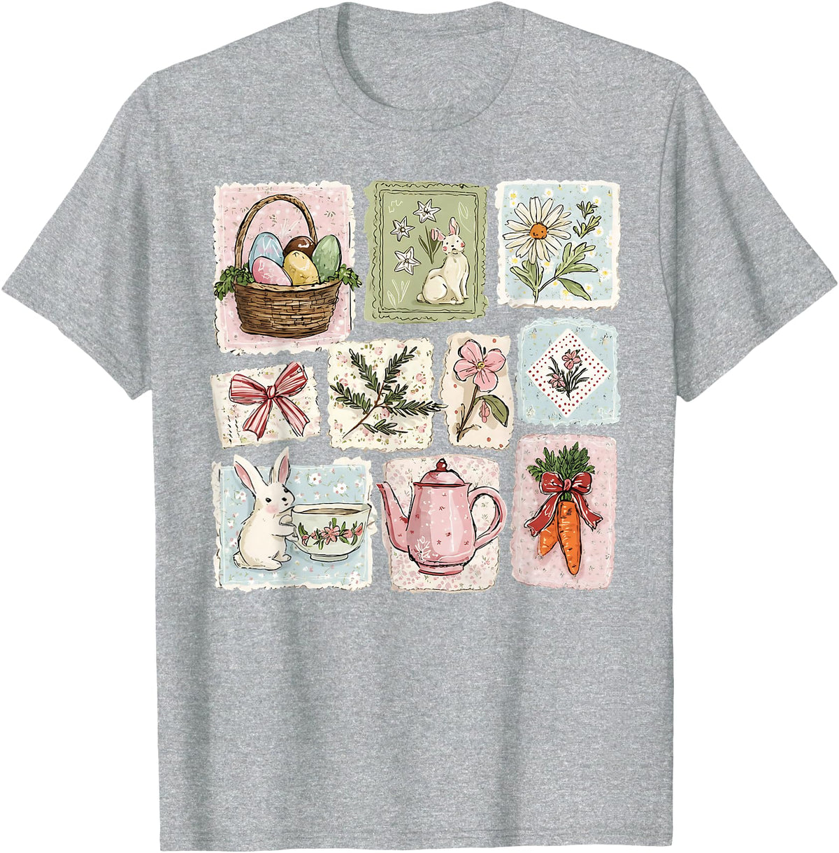Floral Coquette Spring Easter Bunny Vintage Happy Easter T-Shirt in Heather Grey