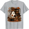 Retro Ghost Reading Funny Halloween Spooky Book Lover T-Shirt - Heather Grey