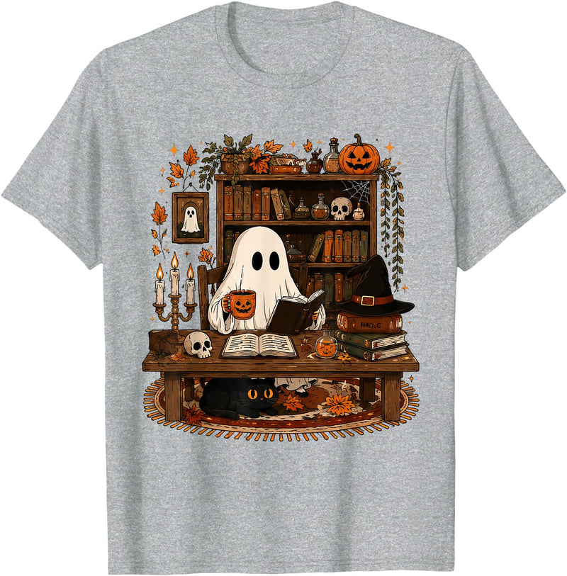 Retro Ghost Reading Funny Halloween Spooky Book Lover T-Shirt - Heather Grey