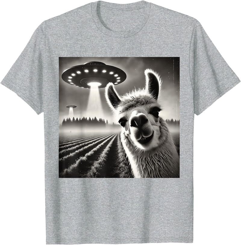ÄLlamaAlpacaCo. Funny Llama Alpaca Selfie UFOs T-Shirt - Heather Grey