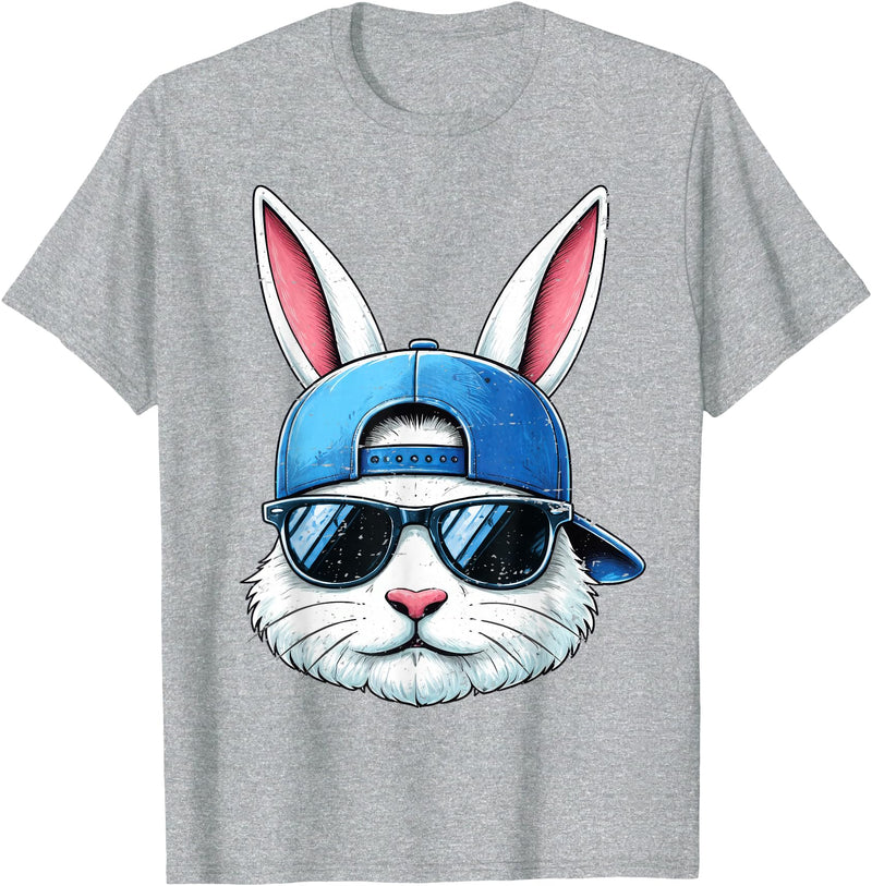 Cool Bunny Face with Sunglasses Cap Easter Kids Boys T-Shirt in Heather Grey
