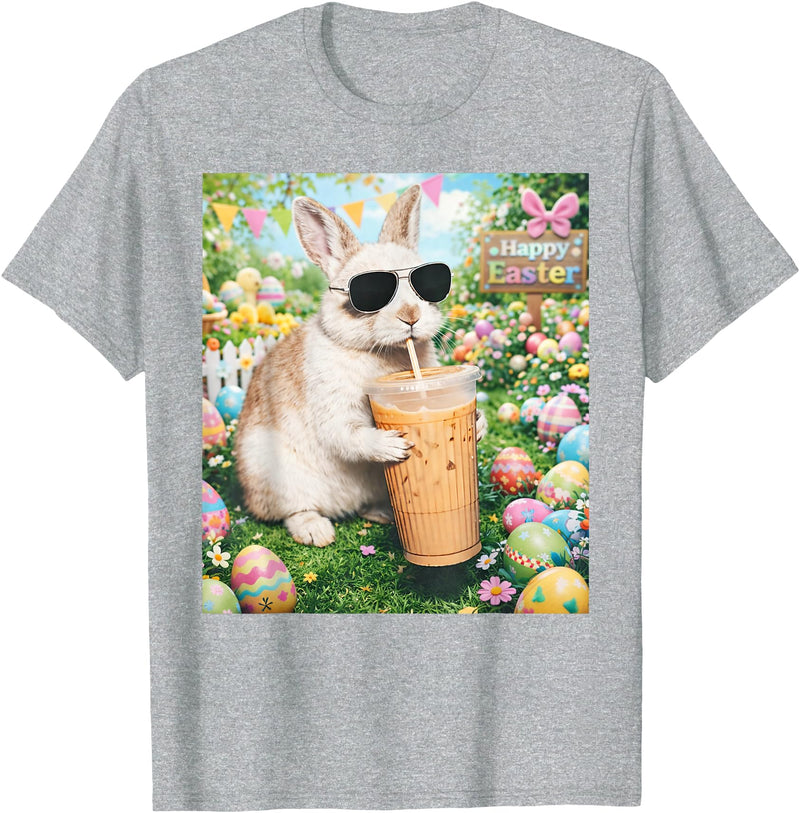 Rabbit Drinking Iced Coffee Funny Easter Bunny Men Women T-Shirt (Black) in Heather Grey