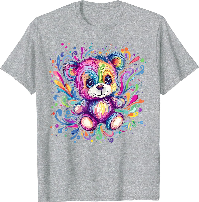 Vibrant Colorful Teddy Bear Illustration Rainbow Splash Teddy Bear T-Shirt - Heather Grey