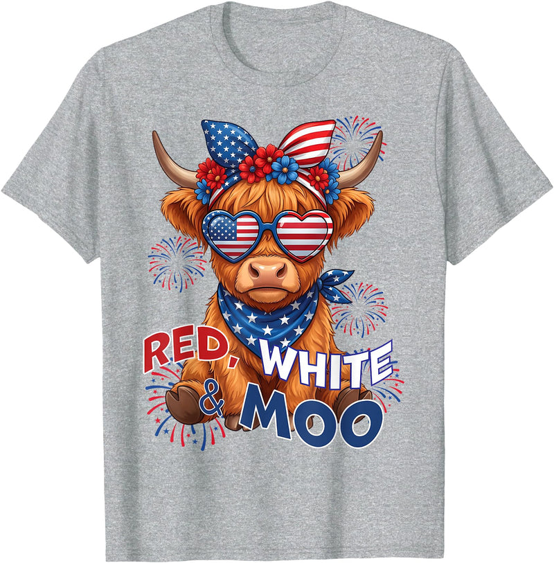 Red White Moo Patriotic Highland Cow 4th July Red White and Moo Highland Cow 4th July 250 Years Patriotic T-Shirt - Heather