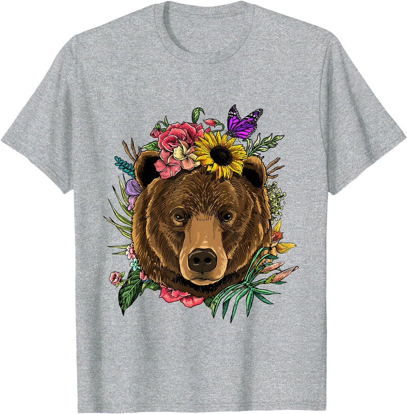 Wowsome! Bear Shirt Nature Floral Grizzly Bear Face Animal Bear Lover T-Shirt - Heather Grey