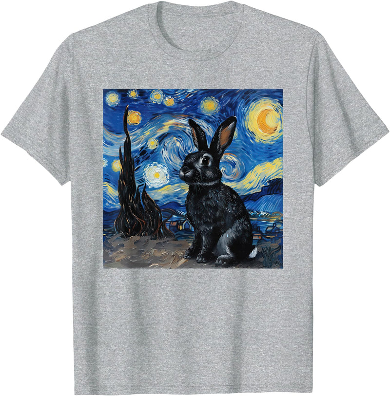 Bunny Rabbit Van Gogh Style Starry Night T-Shirt in Heather Grey