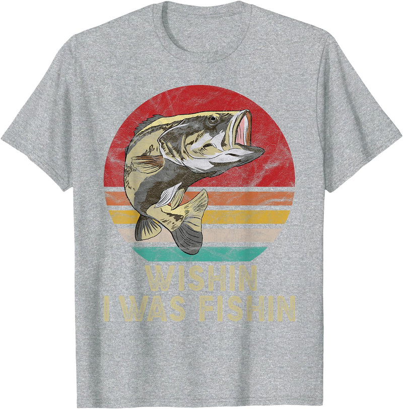 Wish I Was Fishin Vintage Fishing Wishing I Was Fishing Funny Vintage Bassfish Gift T-Shirt - Heather Grey