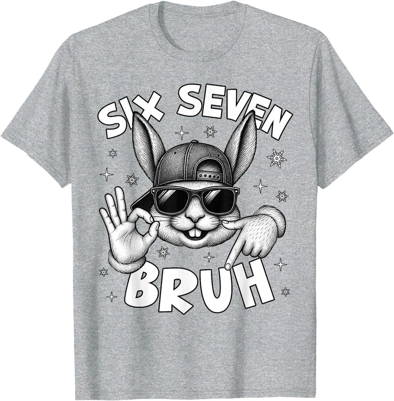 67 Six Seven Bruh Cute Bunny Face with Sunglasses Easter Day T-Shirt in Heather Grey