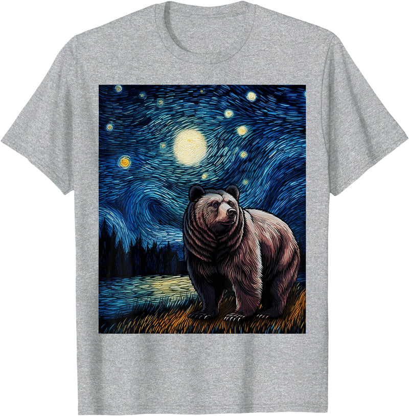 Starry Night Wildlife Graphic Grizzly Bear Van Gogh Starry Night Grizzlies Animal T-Shirt - Heather Grey
