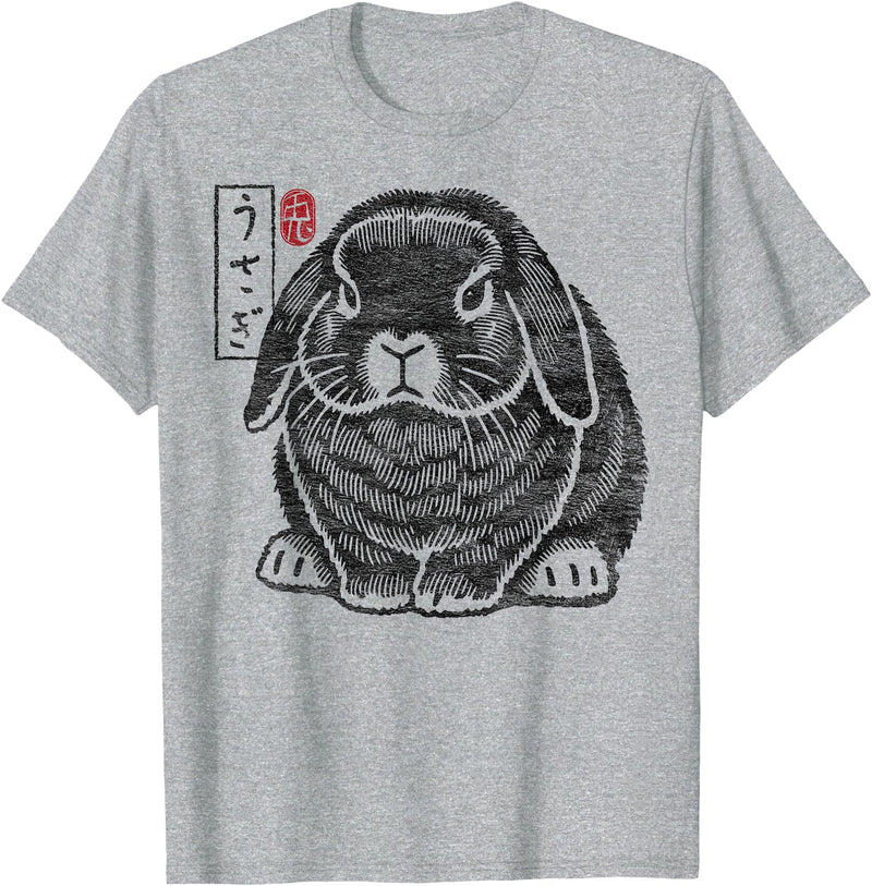 Funny Grumpy Holland Lop Rabbit Japanese Kanji for Men and T-Shirt in Heather Grey