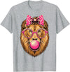 Magical and Funny Lion Gifts Lion with Bubble Gum and Pink Bow T-Shirt - Heather Grey
