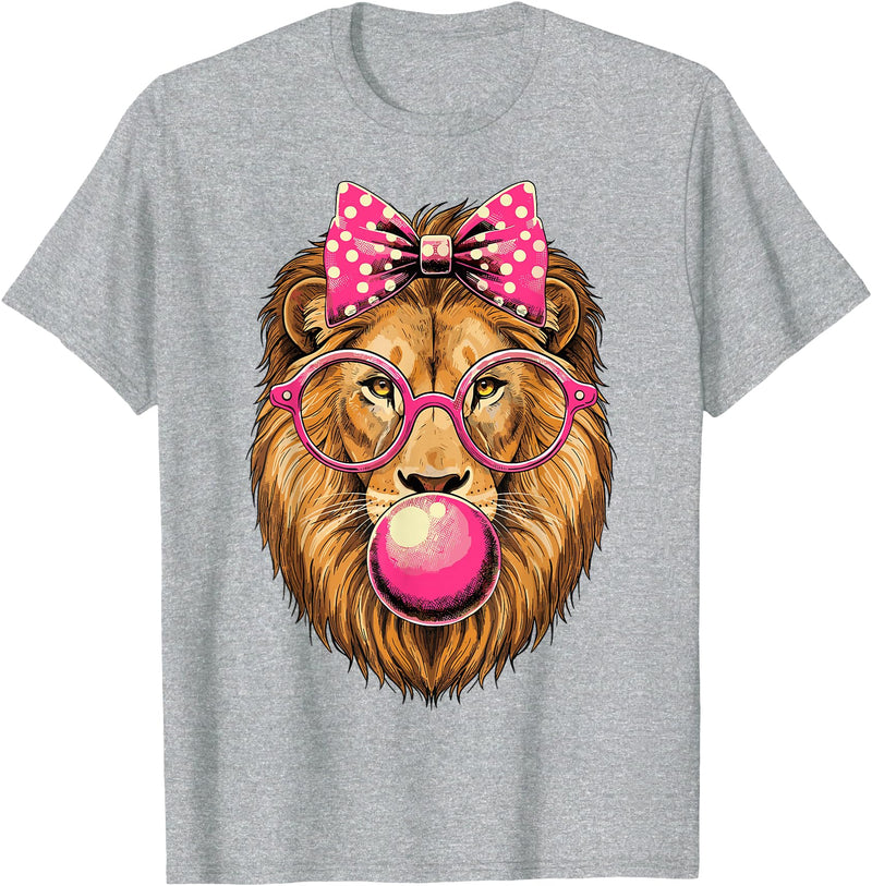 Magical and Funny Lion Gifts Lion with Bubble Gum and Pink Bow T-Shirt - Heather Grey
