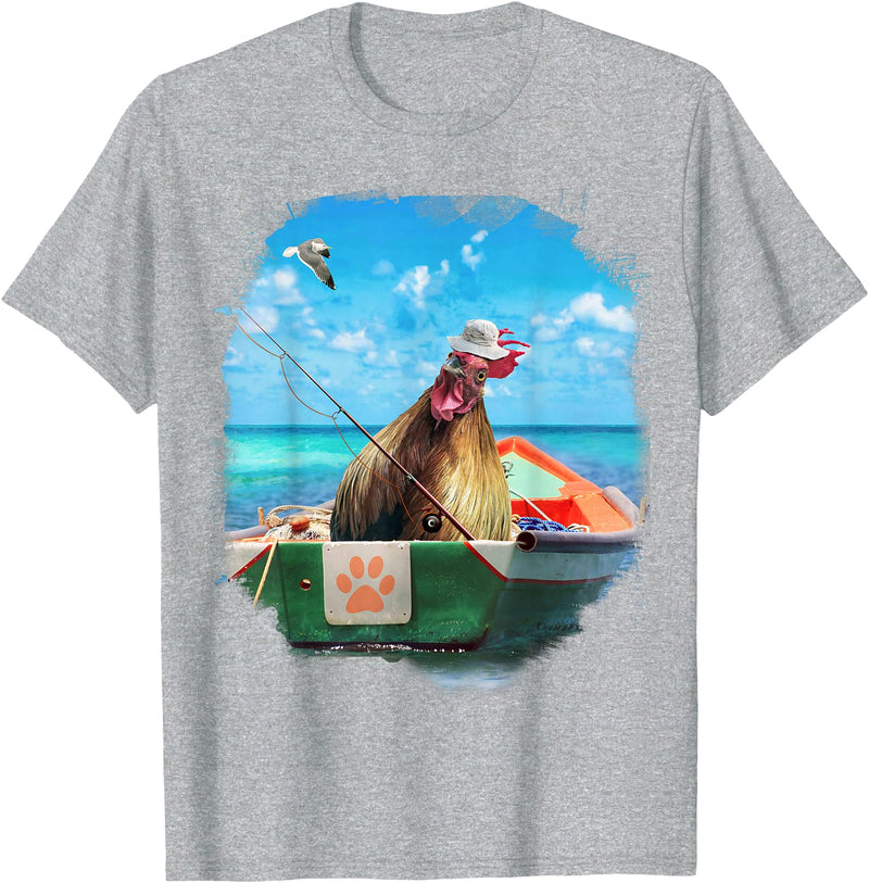 Random Galaxy Chicken or Fish, Funny Chickens Fishing Boat T-Shirt - Heather Grey